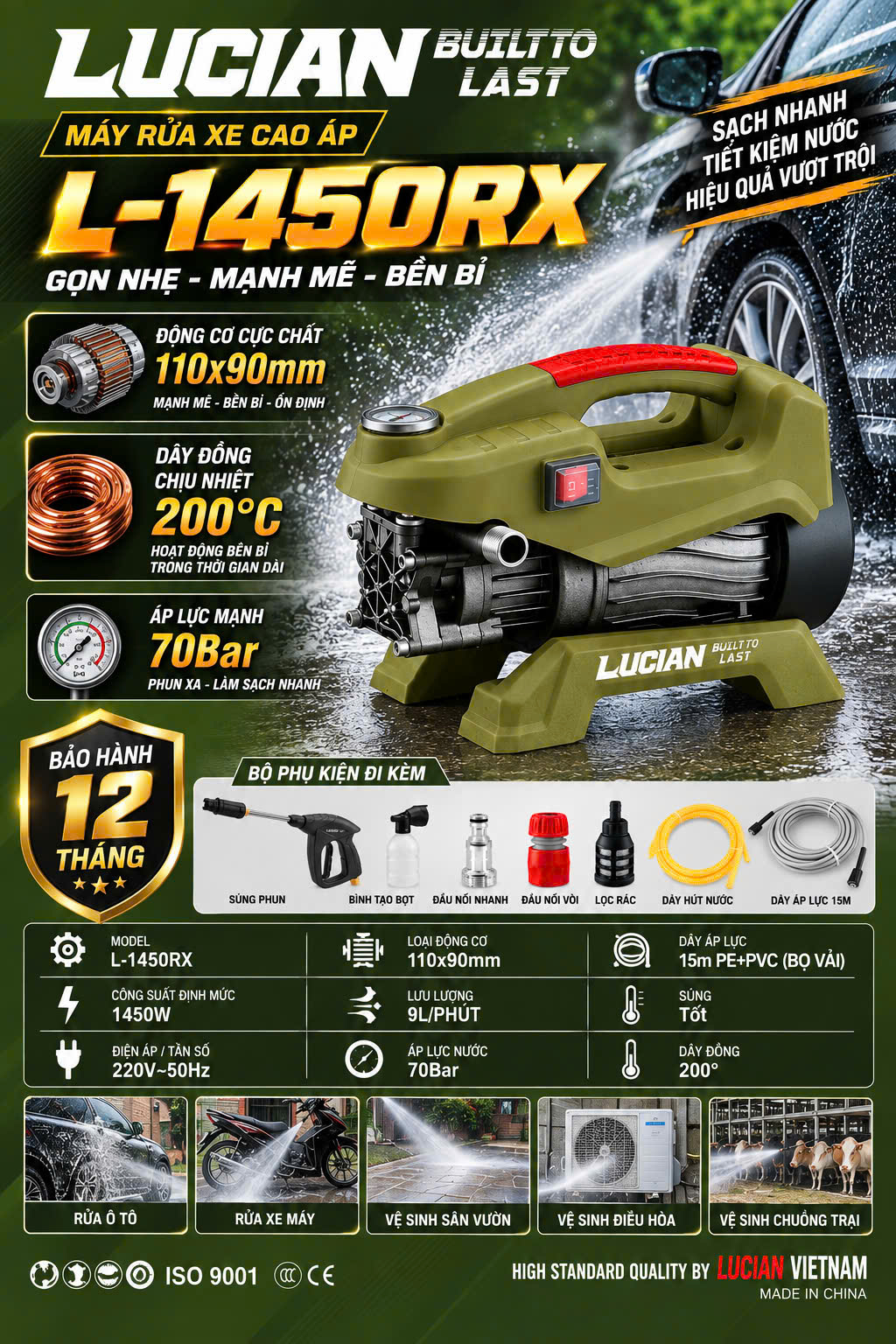Máy rửa xe gia đình - 1450w - dây đồng Máy rửa xe gia đình - 1450w - dây đồng